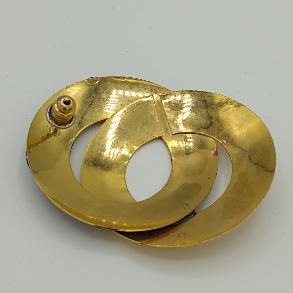 Double Circle Hammered Gold tone and Enamel Post Back Earrings 1980s Vintage - Picture 2 of 8